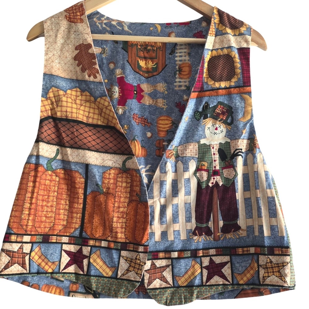 90s Vintage Reversible Scarecrow Pumpkin Vest One Size Leslie Beck Harvest Farm